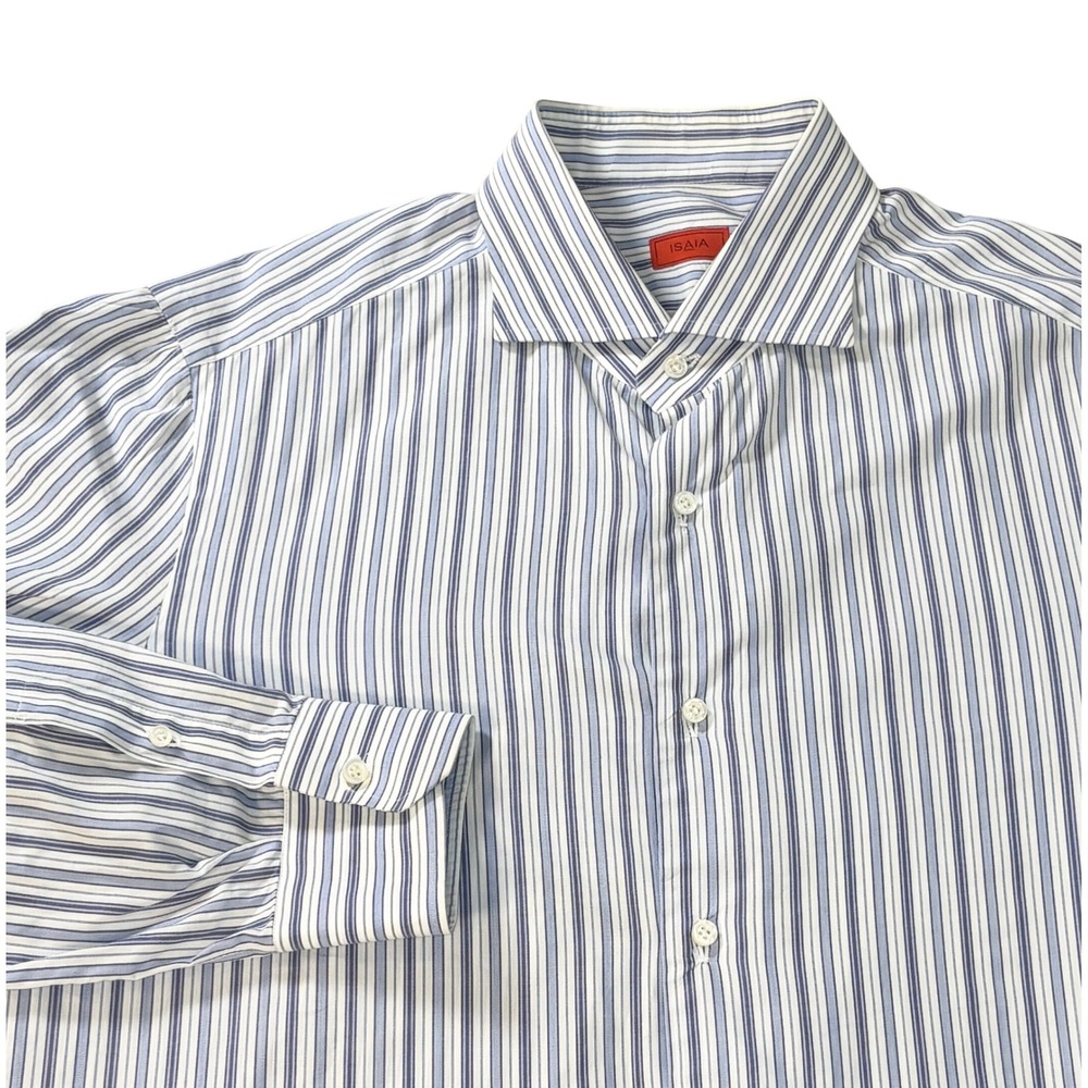 Isaia Napoli button up shirt men's 17 43 xl  blue white striped